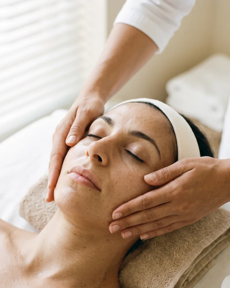 Gelaatsbehandeling: rustige massage van de wangen met de handen, zonder toestellen.