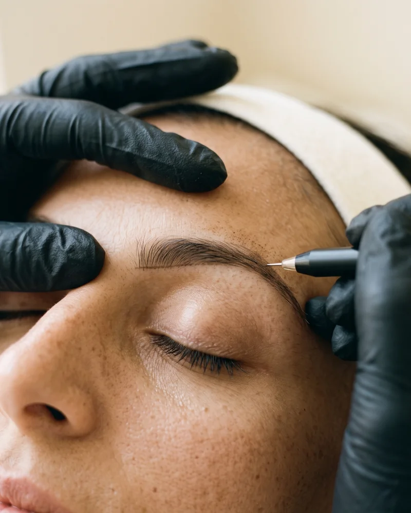 Permanente make-up van de wenkbrauwen: fijne pigmentatie in de vorm van de eigen wenkbrauw.